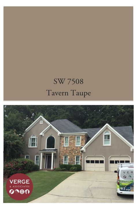 Tavern Taupe looks perfect on this stucco house in Acworth. Turns out really nice for one of our favorite clients. : #swcolorlove #sw7508 #taverntaupe Taupe Color Exterior House, Tavern Taupe Sherwin Williams Exterior, Dark Brown Stucco House Exterior, Sw Tavern Taupe, Taupe Stucco House Exterior, Tan Stucco House Exterior, Tavern Taupe Sherwin Williams, Taupe Exterior House Colors, Taupe Exterior Paint Colors For House