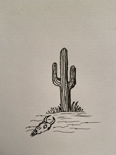 Cactus Pen Drawing, Western Cactus Drawing, Aesthetic Cactus Drawing, Drawings Of Cactus, Cactus In Desert Drawing, Easy Desert Drawings, Desert Sketch Drawing, Desert Drawing Ideas, Desert Scape Tattoo