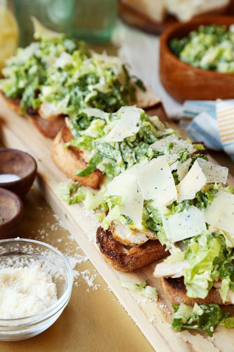 Caesar Salad Tartines - The Candid Appetite Fried Chicken And Waffles, Classic Caesar Salad, Open Faced Sandwich, Chicken Caesar Salad, Small Food Processor, Large Salad Bowl, Appetizer Salads, Chicken And Waffles, Entertaining Ideas