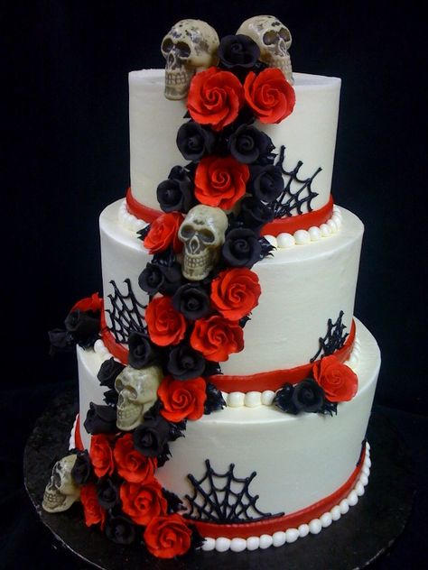 Like the idea of the flowers and skulls coming down the front (diff colors) Halloween Wedding Cake, Skull Wedding Cakes, Gothic Wedding Cake, Gothic Cake, Halloween Wedding Cakes, Lemon And Coconut Cake, How To Make Wedding Cake, Skull Cake, Halloween Themed Wedding