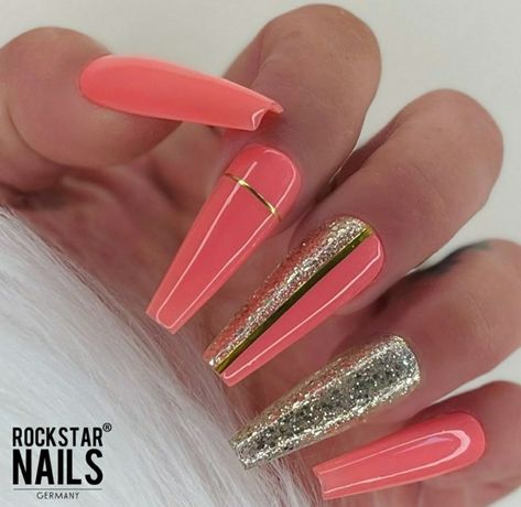 Bright Summer Nails Designs Neon Fun Color Combos, Coral Nails With Design, Press On Nails Pink, Acrylics Nails, Bright Summer Nails Designs, Princess Nails, Art Deco Nails, Pink Glitter Nails, Coral Nails