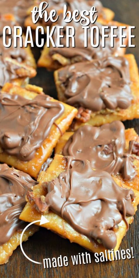 Crispy, buttery toffee with crackers, pecans and chocolate. So easy to make, too! Saltine Cracker Toffee, Easy Toffee, Saltine Cracker, Saltine Toffee, Homemade Toffee, Cracker Toffee, Christmas Candies, Cooking Meals, Toffee Recipe