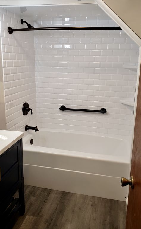 Bathtub Shower Combo Remodel Diy, New Bathtub Ideas, Basement Bathroom With Tub, Guest Bathroom Bathtub, Basement Bathtub Ideas, Tub With Tile Walls Master Bath, Redo Shower Tub Combo, One Piece Tub Shower Combo Remodel, Bathtub Shower Remodel On A Budget