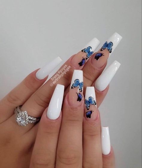 White Tip Acrylic Nails, Acrylic Nail Designs Coffin, Long Acrylic Nail Designs, Blue Acrylic Nails, Ombre Acrylic Nails, White Acrylic Nails, Cute Acrylic Nail Designs, Simple Acrylic Nails, Blue Butterflies