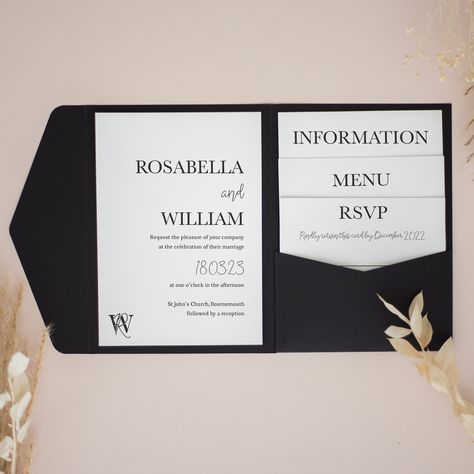 Our beautiful pocketfold invitations are the perfect way to invite your guests to your wedding! We have lots of different designs to choose from, which can be personalised to your exact requirements! 𝗣𝗥𝗢𝗗𝗨𝗖𝗧 𝗗𝗘𝗧𝗔𝗜𝗟𝗦 𝙎𝙞𝙯𝙚𝙨: Invitation & Inserts are A6 (10.5 × 14.8cm) with staggered heights on the different inserts. 𝘾𝙖𝙧𝙙𝙨𝙩𝙤𝙘𝙠: Printed onto 350gsm white card 𝙋𝙤𝙘𝙠𝙚𝙩𝙛𝙤𝙡𝙙𝙨: 80+ colours to choose from, 250-300gsm cardstock 𝙀𝙣𝙫𝙚𝙡𝙤𝙥𝙚𝙨: White mailing envelopes included when ordering pocketfolds with invitations & inserts only 𝙈𝙞𝙣𝙞𝙢𝙪𝙢 𝙊𝙧𝙙𝙚𝙧: We have a minimum order of 20 pocketfolds 𝗗𝗘𝗦𝗜𝗚𝗡 𝗗𝗘𝗧𝗔𝗜𝗟𝗦 All of our designs can be adapted to suit your wedding requirements. We can change the fonts, layout, wording and colours to ensure t Black And White Wedding Invitations Classy, Pocket Envelope Wedding Invitation, Monochrome Wedding Invitations, Wedding Invitation Envelope Ideas, White Wedding Invitations Elegant, Pocket Invitations Wedding, Wedding Invitations Black And White, Pocketfold Wedding Invitations, Black Tie Wedding Invitations