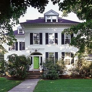 Love the white house with black shutters and a bright green door for a pop of color. And the trees and back house/guest house/garage. 
This is lovely. White House With Black Shutters, House With Black Shutters, Black And White House Exterior, White Exterior Houses, Green Front Doors, Black Shutters, Casa Exterior, Front Door Colors, Green Door