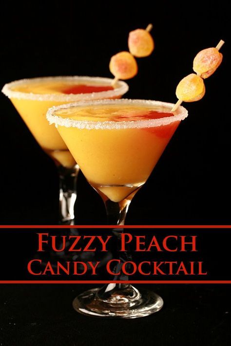 If you're a fan of Fuzzy Peach gummy candies, you'll love this Fuzzy Peach Candy Cocktail. It's a frozen cocktail that tastes just like the candy, with a tasty, fun rim to match! Peach Daiquiri Recipe, Peach Schnapps Drinks, Fresh Drink Recipes, Peach Cocktail Recipe, Peach Candy, Bomb Drinks, Fuzzy Peach, Frozen Cocktail, Peach Cocktail