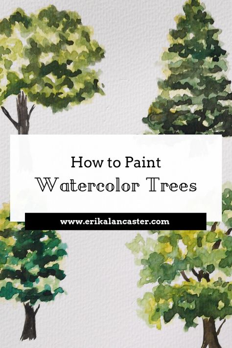 How to Paint Different Kinds of Watercolor Trees - Easy tutorial for beginners - Blog post + YouTube video #watercolortreestutorial #bestartblogs #watercolortreessimple #watercolorstepbystep #watercolorlandscapeeasy Trees In Watercolour, How To Paint Trees Watercolor, Watercolour Trees Tutorials, Painting Trees Tutorial, Watercolour Beginner, Beginners Watercolour, Watercolour Trees, Paint Trees, Tree Tutorial