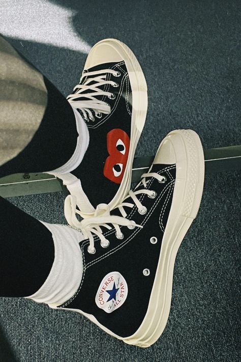 CONVERSE X PLAY COMME DES GARCONS BLACK TRAINERS #converse #commedesgarcons #sneakers #aesthetic Converse Play Outfit, Garcons Converse Outfit, Converse X Comme Des Garcons, Comme Des Garcons Shoes, Sneakers Aesthetic, Mode Converse, Converse Comme Des Garcons, Garcons Converse, Comme Des Garcons Converse