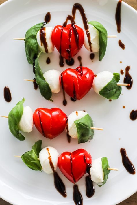 Cherry Tomato Hearts, Valentines Tomato Mozzarella, Valentines Caprese Skewers, Tomato Hearts Shape, Valentine’s Day Lunch, Heart Shape Food, Tomato Hearts, Tomato Mozzarella Skewers, Tomato Skewers