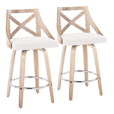 Blending modern and farmhouse design, this 2-piece bar and counter stool set brings function and style to your kitchen island or home bar. Each piece is crafted from metal and engineered wood with a natural, weathered brown finish, and they rest on wooden tapered legs for a mid-century silhouette we love. These dining stools showcase a padded contoured seat wrapped in a polyester blend for a cushioned feel. The open, X-shaped accent on the back gives them a warm look that reminds us of vintage b White Washed Wood, Wood Counter Stools, Dining Stools, Bent Wood, Whitewash Wood, Wood Counter, Swivel Stool, Swivel Seating, Counter Height Stools