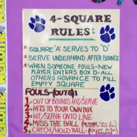 4-Square Rules Four Square Game Rules, 4 Square Game, Pe Games Elementary, Pe Ideas, Pe Class, Pe Games, Gym Games, Game Rules, Health Class