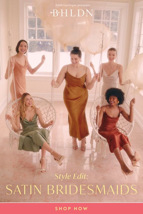 Mix and match satin bridesmaid dresses for a modern look. Choose from a rainbow of vibrant colors to dress your bridal party!​ Bridesmaid Palette, Satin Bridesmaids, Matching Bridesmaids Dresses, Mix Match Bridesmaids, Silk Bridesmaid Dresses, Pastel Bridesmaid Dresses, Bhldn Wedding Dress, Bridesmaid Dresses Satin, Matching Bridesmaids