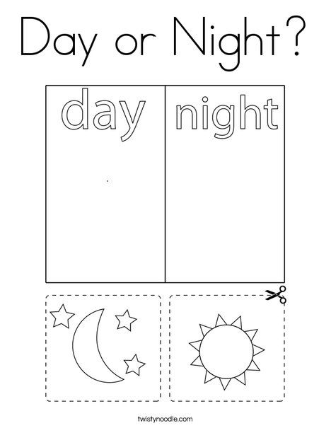 Day or Night Coloring Page - Twisty Noodle Day And Night Coloring Pages, Day And Night Worksheets Kindergarten, Day And Night Activities Preschool, Day And Night Worksheet, Day And Night Craft, Night Coloring Pages, Opposites Preschool, Night Kids, Twisty Noodle