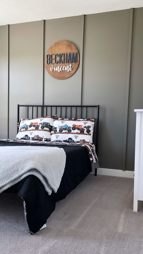 Boy Truck Bedroom, Monster Jam Kids Room, Toddler Boy Room Accent Wall, Boys Monster Truck Bedroom, Monster Truck Toddler Room, Monster Truck Boys Room, Monster Truck Kids Room, Monster Jam Bedroom Ideas, Toddler Boy Bedroom Decor