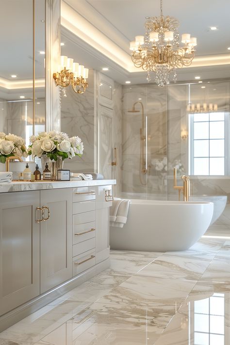 Tour a Luxe Marble Bath: Gold Accents & Chic Design Ideas! Luxury Bathtub, Plafond Design, Bad Inspiration, Bathroom Spa, Bathroom Design Luxury, Dream Bathrooms, Intelligent Design, Elegant Bathroom, Bathroom Styling