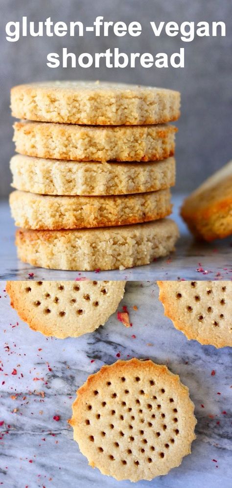 These Vegan Shortbread Cookies are crisp, crunchy, buttery and perfectly salty-sweet! They're undetectably dairy-free and the simple recipe is easy to make: one bowl and 5 ingredients! Almond flour, brown rice flour and coconut oil create the best texture and keeps them relatively healthy. Just as delicious as the traditional Scottish version and can be flavoured with lemon, orange, chocolate chips or pecan nuts. Gluten-free, egg-free and refined sugar free. Perfect for Christmas! Rice Flour Desserts Vegan, Rice Flour Shortbread Cookies, Rice Flour Shortbread, Brown Rice Flour Recipes Vegan, Vegan Rice Flour Recipes, Brown Rice Flour Cookies, Rice Flour Cookies Recipes, Brown Rice Flour Recipes, Vegan Gluten Free Shortbread