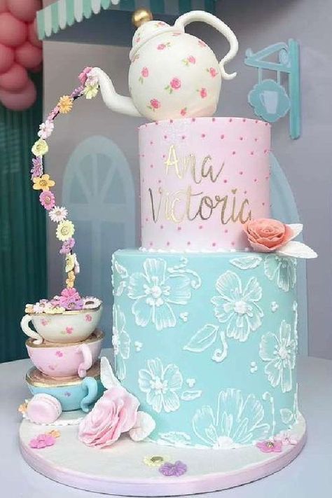 Tea For Two Birthday Cake, Tea Party Cake Birthday, Bridgeton Theme, Tea Party Birthday Cake, Tea Party Birthday Ideas, Girls Tea Party Birthday, Princess Tea Party Birthday, Tea Party Birthday Party, Party Birthday Cake