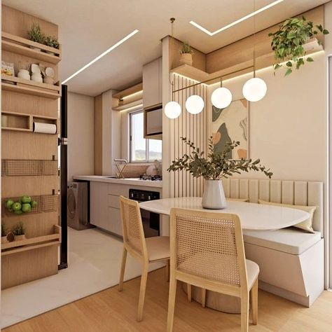 Decorando Casa | Achados e Promos | ✨ Inspiração para cozinhas pequenas. Detalhes que fazem a diferença. Gostaram?😍 #cozinhaplanejada #inspiraçãodecor #decorandocasa… | Instagram Apartment Dining Area, Condo Interior Design, Small Apartment Interior, Condo Interior, Condo Design, Kitchen Room Design, Kitchen Area, Home Design Decor, Home Room Design