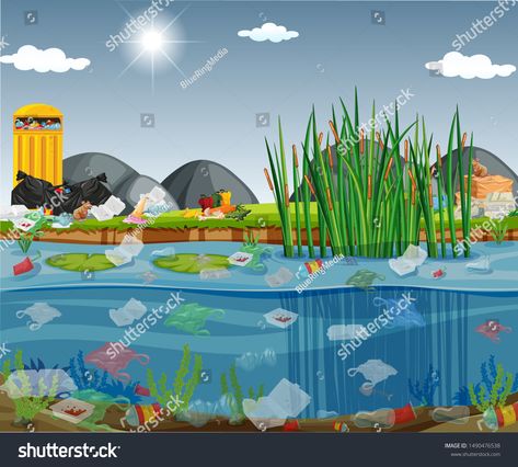 Water pollution with plastic bags in river illustration #Ad , #AFF, #plastic#pollution#Water#illustration Polluted Earth, Water Pollution Poster, Water Cycle Craft, River Illustration, Earth Icon, Stick Men Drawings, Funny Animal Images, Earth Illustration, Water Illustration