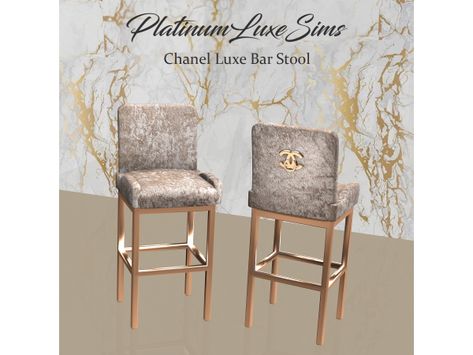 Chanel Luxe Bar Stool by PlatinumLuxeSims - The Sims 4 Download - SimsFinds.com Sims 4 Bar Stools Cc, Sims 4 Bar Stool, Sims 4 Bar Stool Cc, Sims 4 Restaurant, Luxury Bar Stools, Sims 4 Kitchen, Glam Furniture, Restaurant Seating, The Sims 4 Download