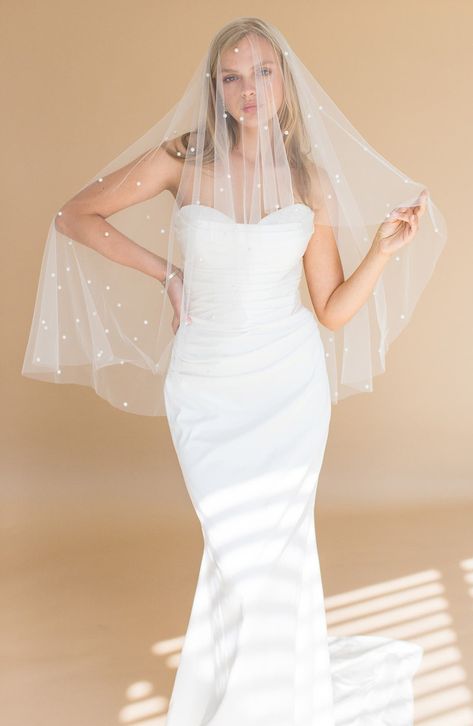 Brides & Hairpins Ellery Imitation Pearl Fingertip Veil (Nordstrom Exclusive)<br /> | Nordstrom Elbow Veil, Unique Veil, Veil With Blusher, Fingertip Length Veil, Elbow Length Veil, Wedding Veils Short, Fingertip Veil, Pearl Veil, Veil Styles