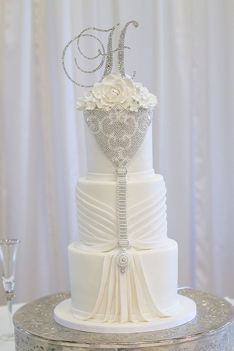 Fondant draped wedding cake by Kimbla's Cakes Super Torte, Bling Wedding Cakes, Torte Creative, Fancy Wedding Cakes, Extravagant Wedding Cakes, Jewel Encrusted, Torte Cupcake, Dream Wedding Cake, Romantic Wedding Cake