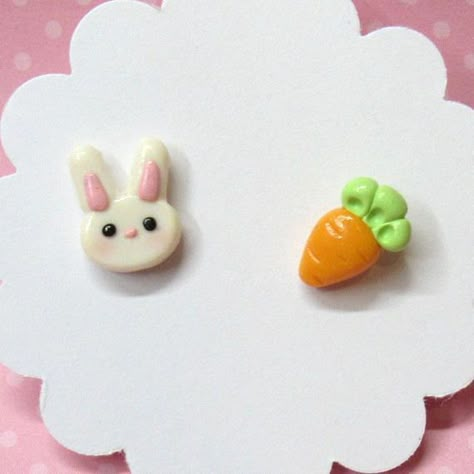 Carrot Earrings, Clay Bunny, Clay Easter, Fimo Kawaii, Easter Bunny Earrings, Mismatch Earrings, Polymer Clay Kawaii, Basket Gift, Polymer Clay Animals