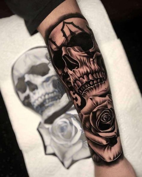 Arm Tattoo Men, Chucky Tattoo, Skull Rose Tattoos, Skull Hand Tattoo, Aztec Tattoo Designs, Skull Sleeve Tattoos, Realistic Tattoo Sleeve, Skull Sleeve, Forearm Sleeve Tattoos