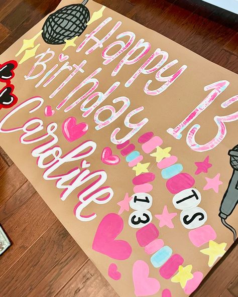 Birthday banner for the Swifties✨ Sorority Birthday Banner, Butcher Paper Birthday Banner, Diy Birthday Banner Ideas, Happy Birthday Poster Ideas, Caroline Birthday, Birthday Banner Ideas, 18th Birthday Banner, Diy Birthday Banner, Easy Birthday