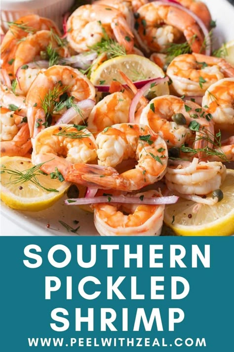 Southern Pickled Shrimp This pickled shrimp recipe is the perfect combination of herby and savory flavors! Juicy Cajun shrimp are soaked in a lemony brine to absorb all the delicious flavors. It's the perfect party appetizer with only a minimal cooking time! Jacked Up Shrimp Recipe, Pickled Shrimp Recipe Appetizers, Cold Shrimp Recipes Appetizers, Shrimp Brunch Ideas, Marinated Shrimp Appetizer Cold, Marinated Shrimp Recipes, Ideas For Shrimp, Shrimp Buffet, Cold Shrimp Appetizers