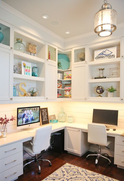 Home Office Upper Cabinets, Office Room Cabinet Ideas, Two Desks In Corner, Home Office With Upper Cabinets, Home Office Inspiration With Couch, Diy Built In Double Desk With Cabinets, Office Homework Room Study Areas, Home Office Space For Two, Family Office Space Work Stations