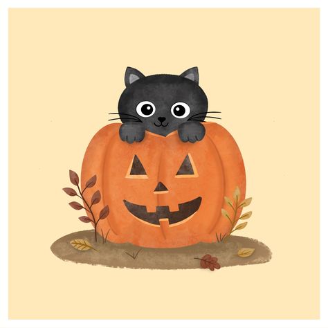 Cat In Pumpkin Drawing, Cat In A Pumpkin, Cat In Pumpkin, Pumpkin Kitty, Black Cat Illustration, Cat And Pumpkin, Whimsical Fall, Halloween Illustrations, Black Cat Pumpkin