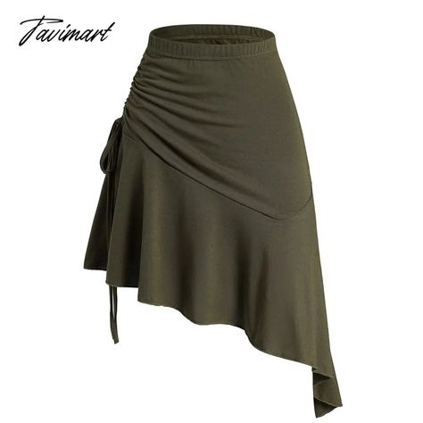 Tavimart Dressfo Plain Color Skirts Cinched Asymmetrical Hem Flounce Elastic Waist Mini Skirt Flowy Asymmetrical Skirt, Wrap Skirt Outfit Summer, Asymetric Skirt, Dark Green Skirt, Mini Skirt Summer, Skirt Aesthetic, Modest Dresses Casual, Skirt Summer, Kurta Designs Women