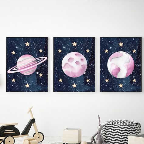 Girly Space Bedroom, Pink Space Nursery, Outer Space Nursery Girl, Girly Space Room, Baby Girl Space Nursery, Space Room For Girls Bedroom, Space Bedroom Girl, Galaxy Nursery Theme, Girls Galaxy Bedroom Ideas