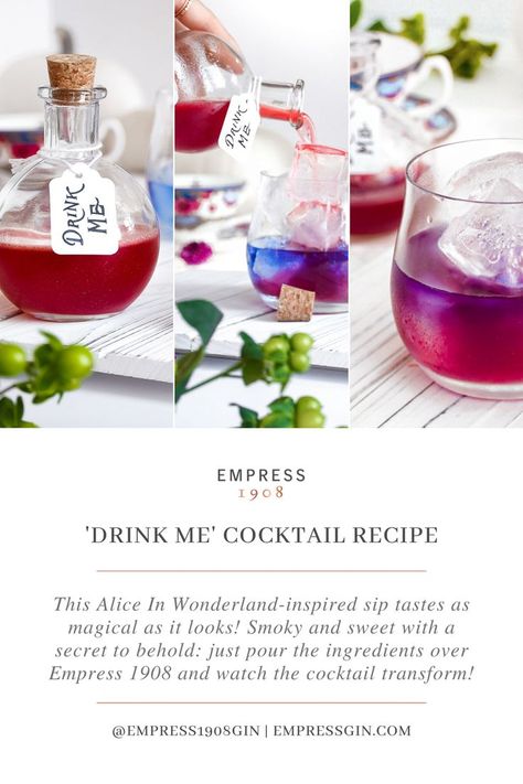 Alice In Wonderland Drink Me Recipe, Alice In Wonderland Themed Cocktails, Alice In Wonderland Drinks Alcohol, Alice In Wonderland Shots, Alice In Wonderland Themed Drinks, Alice In Wonderland Cocktails Recipes, Empress Gin Halloween Cocktail, Fairy Themed Cocktails, Alice In Wonderland Bar