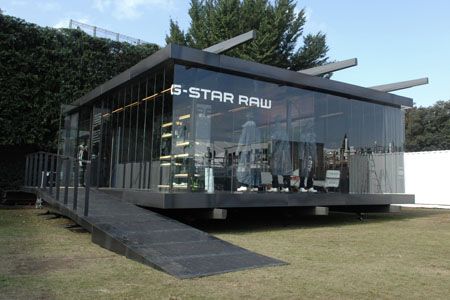 Tokyo design week: Denim brand G-Star Raw built a pavilion at Tokyo Designer's Week last month, to display the brand's new collections. The pavilion is the latest in G-Star Raw's Cross Over Concepts series of projects, which explores the application of the brand's aesthetics to objects other than textiles. The design team says that the More Pavilion Concept, Shipping Container Design, Container Restaurant, Retail Architecture, Container Cafe, Container Conversions, Container Office, Container Buildings, Tokyo Design