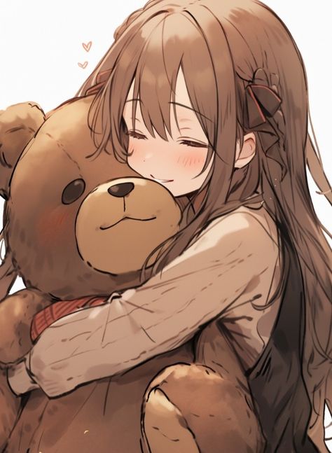 Girl hugging giant teddy Anime People Hugging, Holding Teddy Bear Reference Drawing, Anime Hugging Poses, Anime Hug Cute, Hugging Stuffed Animal Drawing Reference, How To Draw Teddy Bear, Bear Girl Oc, Hugging Teddy Bear Pose Reference, Teddy Bear Character Design