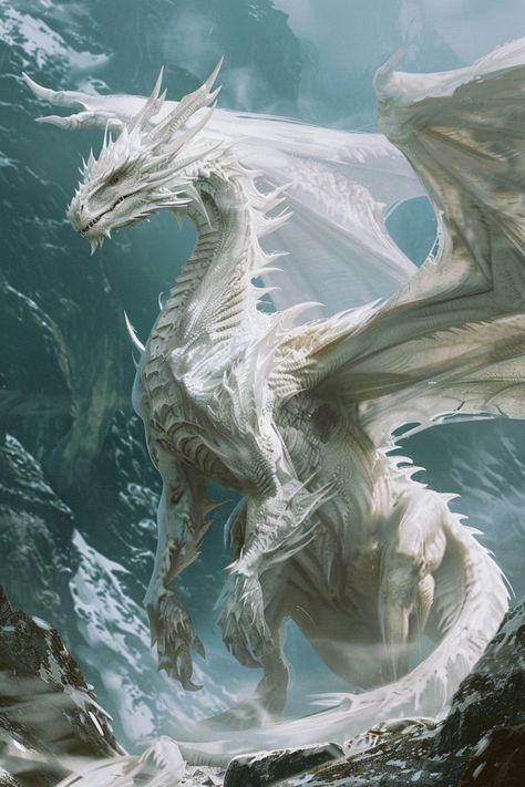 Albino Dragon Art, White Dragon Dnd Art, White Dragon Dnd, White Dragon Aesthetic, Beautiful Dragon Art, White Dragon Art, White And Black Dragon, White Griffin, Dragon Pfp