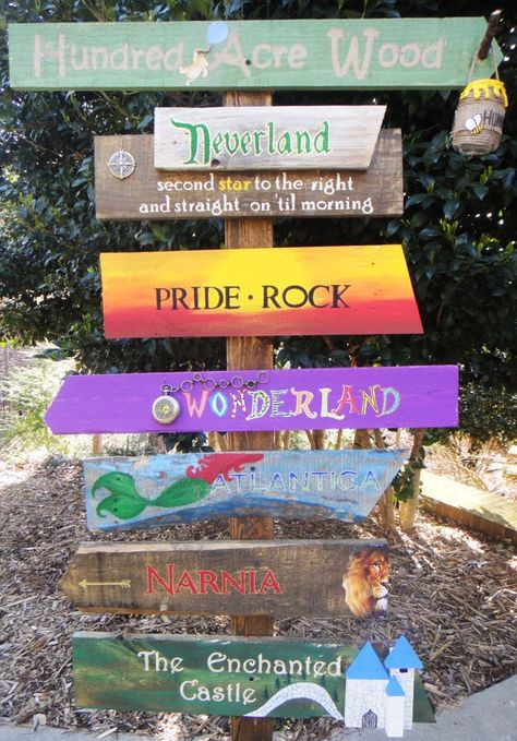 fairytale direction signs | Customized Directional Sign Wooden Mile Marker by TheTrashySide, $225 ... Deco Disney, Disney Garden, Enchanted Castle, Tema Disney, Disney Rooms, Disney Home Decor, Directional Signs, Disney Decor, Disney Party