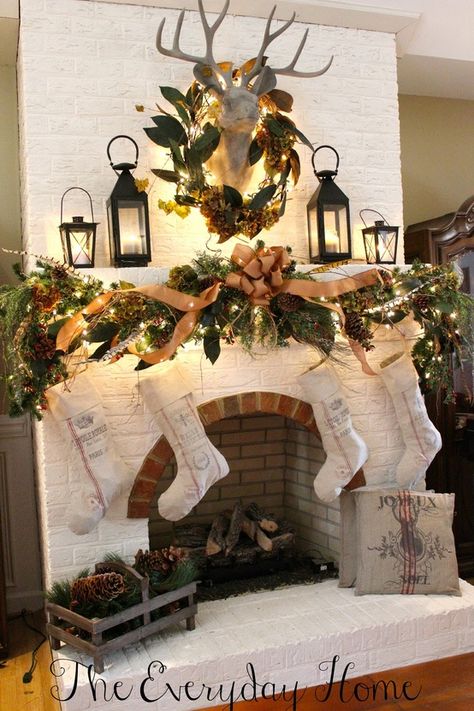 Christmas mantel Holiday Mantel, Christmas Mantle, Christmas Fireplace, Christmas Mantels, Oh Deer, Deer Head, Noel Christmas, Christmas Love, Country Christmas