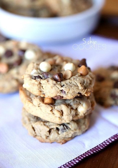 5 Chip Cookies | Cookies and Cups 5 Chip Cookie Recipe, Cookies And Cups, Drop Cookie Recipes, Peanut Butter Oatmeal Cookies, Butterscotch Chips, Drop Cookies, Chip Cookie Recipe, Peanut Butter Chips, Milk Chocolate Chips