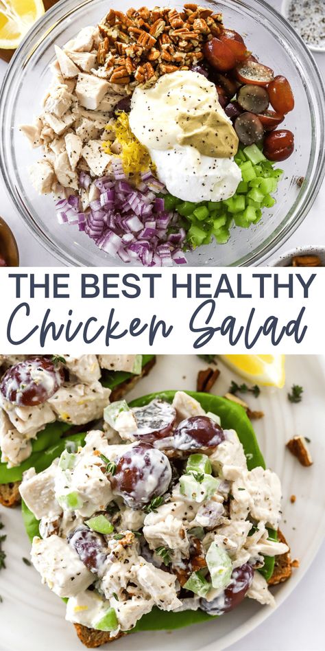 This healthy chicken salad recipe is the ideal choice for a quick and nutritious lunch or snack! It's loaded with protein with the perfect blend of creaminess, crunch, and flavor. By substituting Greek yogurt for most of the mayo, we've crafted a lighter version of the traditional chicken salad. This modification not only reduces the calorie count but also amps up the protein content, ensuring you enjoy all the classic tastes of your favorite chicken salad in a healthier way. Chicken Salad Recipe With Grapes, Healthy Chicken Salad Sandwich, Recipe With Grapes, Easy Chicken Salad Recipe, Balanced Lunch, Classic Chicken Salad, Healthy Chicken Salad Recipe, Chicken Salad Recipe Easy, Easy Chicken Salad