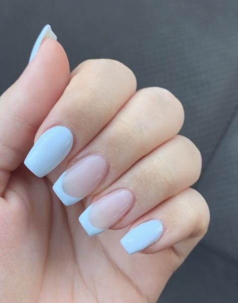 One Nail French Tip, Nice Simple Nails Acrylic Short, Nail Ideas Normal Nails, Light Blue Acrylic Nails Design Simple, Light Blue Squoval Nails, Cute Squoval Nails, Light Blue And White Nails Acrylic Short, Sky Blue Nails Design Short, Baby Blue Tips Nails