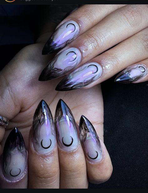 Mystical Nails Almond, Dark Fairy Nails Designs, Dark Witch Nails, Reyna Nails Valorant, Pagan Nail Art, Witchy Summer Nails, Summer Witchy Nails, Purple Witch Nails, Witchy Nails Stiletto