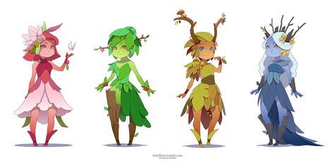 Four Seasons Character Design, Seasons Character Design, Forest Nymph Character Design, Eladrin Seasons, Anime Dryad, Season Character Design, Dryad Character Design, Dryad Oc, Character Design Fairy