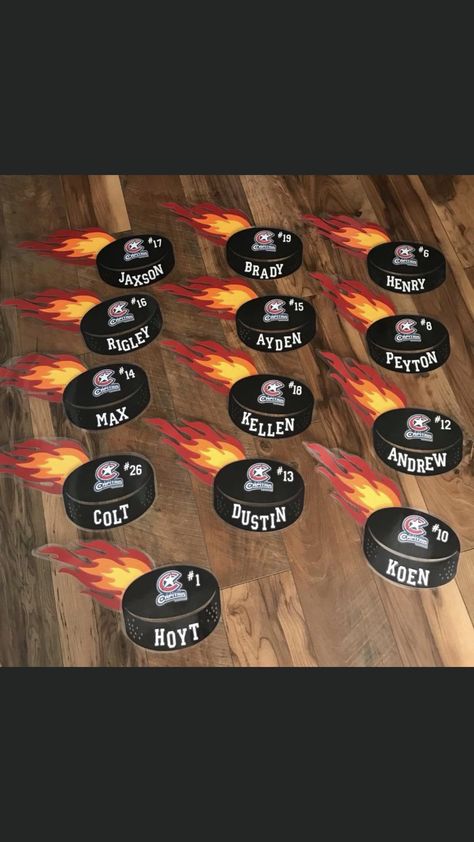 Hockey Team Manager Ideas, Hockey Locker Decorations, Hockey Mvp Award Ideas, Hockey Mom Pins Diy, Hockey Awards For Kids, Hockey Jamboree Ideas, Hockey Tournament Decorations, Hockey Door Hangers, Hockey Goodie Bag Ideas