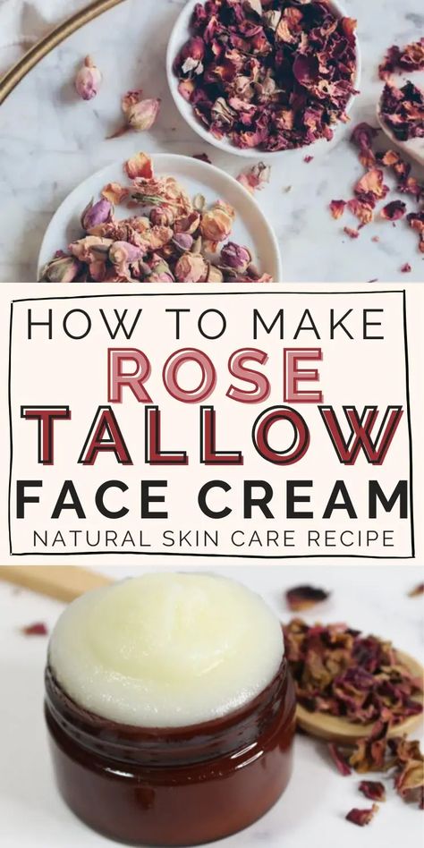 DIY Rose Tallow Face Cream recipe, natural skin care Natural Homemade Face Moisturizer, Homemade Skin Cream Recipes, Diy Skin Firming Cream, Natural Skin Moisturizer Face, Colloidal Oatmeal Lotion Diy, Beef Tallow Moisturizer Recipe, Whipped Tallow Face Cream Diy, Homemade Beef Tallow Face Cream, Beef Tallow Diaper Cream