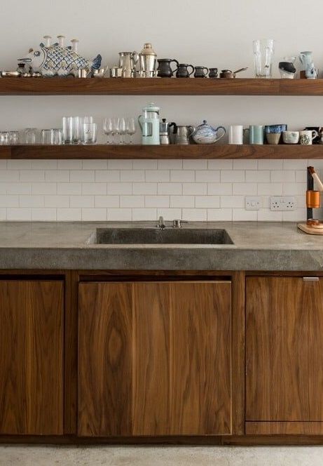 Kitchen With Walnut Cabinets, Concrete And Wood Kitchen, Kitchen Concrete Floor, Walnut Kitchen Cabinets, Concrete Countertops Wood Cabinets, Wood Countertops Kitchen, Concrete Countertops Bathroom, Concrete Countertops Kitchen Diy, Brown Kitchen Cabinets