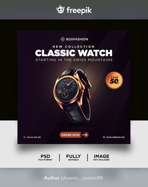 Dark color classic watch brand product s... | Premium Psd #Freepik #psd #banner #business #sale #social-media Watch Social Media Design, Smartphone Ads, Product Social Media Post, Technology Poster, Kids Branding Design, Black Friday Sale Banner, Social Media Advertising Design, Facebook Cover Template, Digital Banner